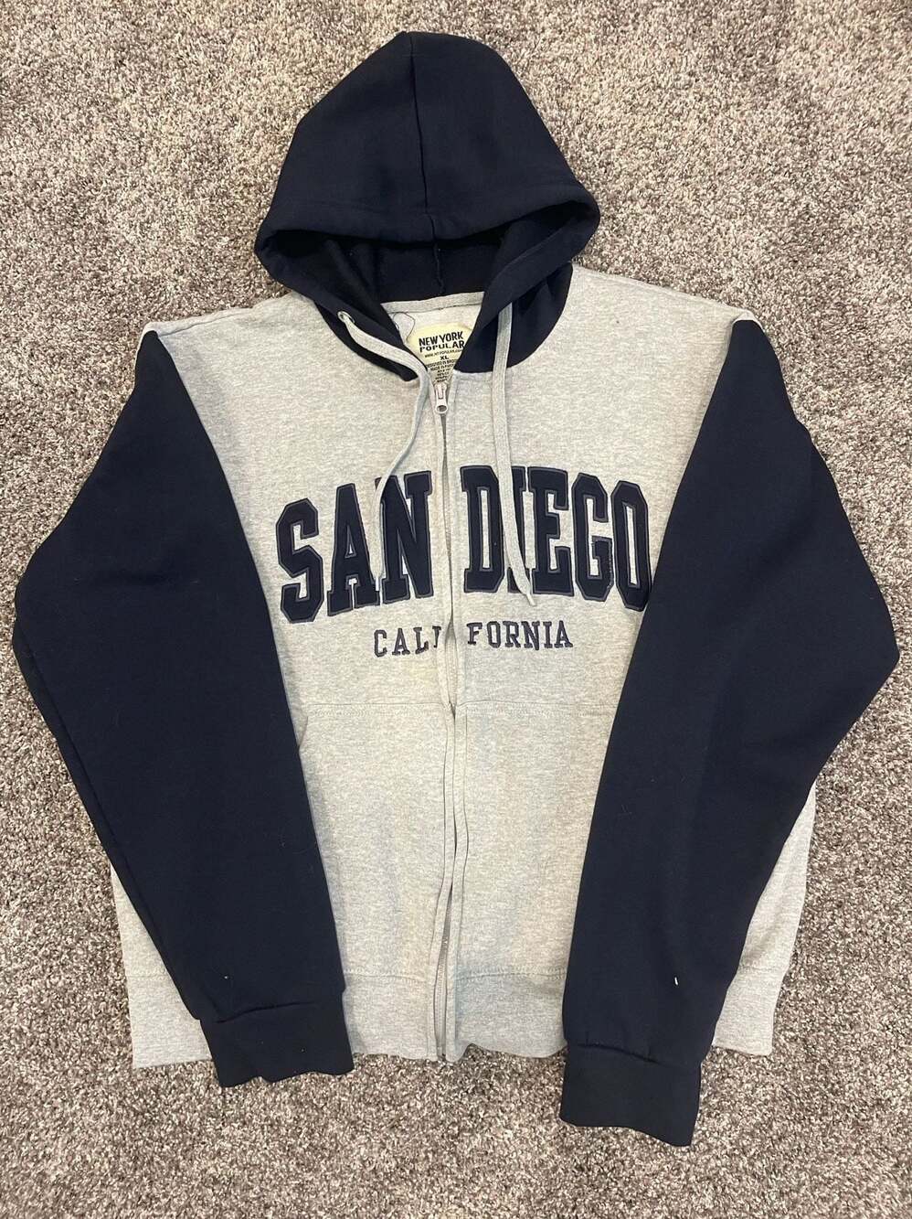 New York Popular San Diego California Zip-Up Hoodie Grey Navy XL